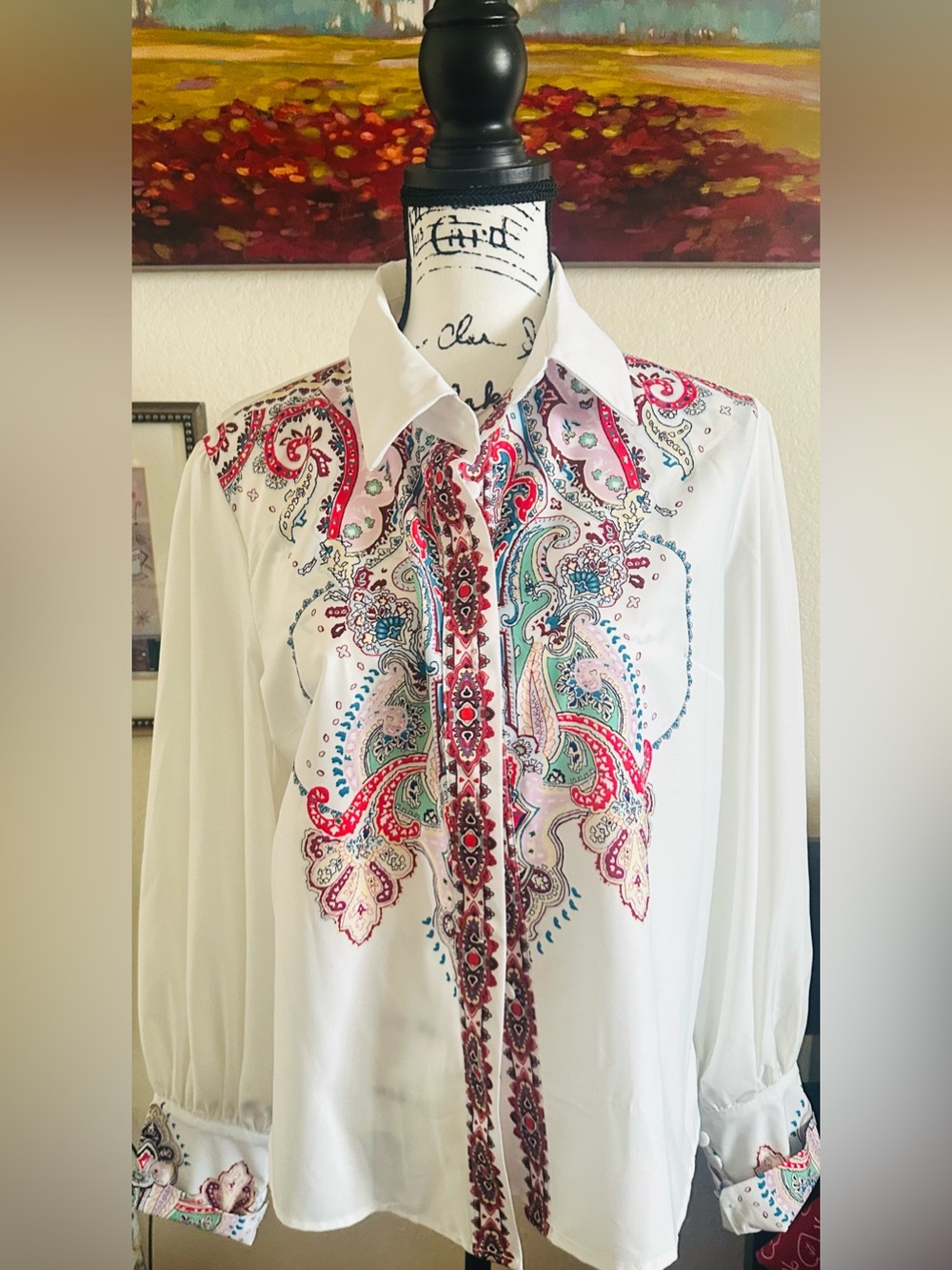 Ladies Paisley Embroidered Button-Up Blouse and Matching Shirt-Set Large